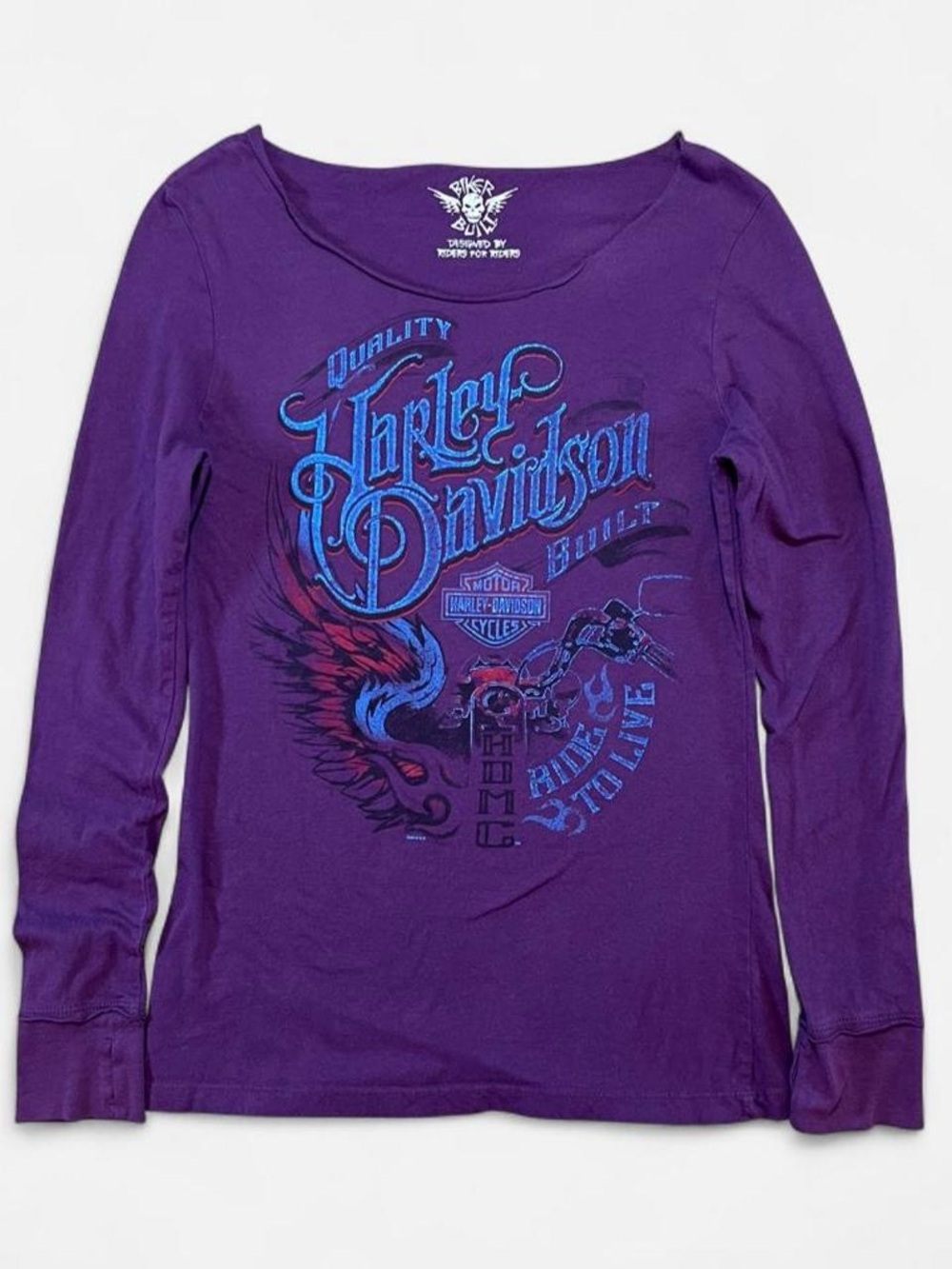 Harley-Davidson Purple Long-Sleeve Tee with Blue & Red Graphic